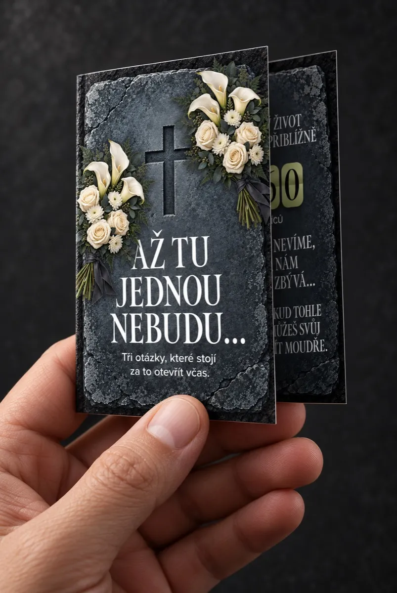 Ruka drží pootevřenou kartičku Až tu jednou nebudu…