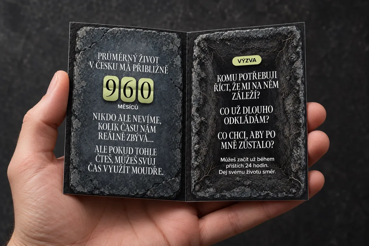 Otevřená kartička v ruce, uvnitř údaj 960 měsíců a tři otázky.