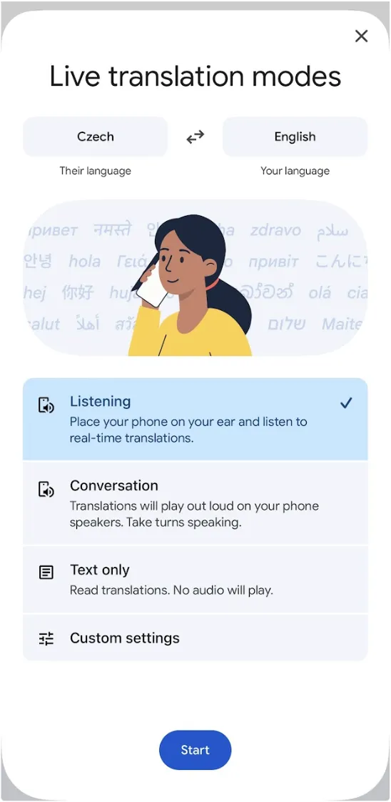 Live translation modes screen with four options: Listening, Conversation, Text only and Custom settings. A blue Start button is at the bottom.