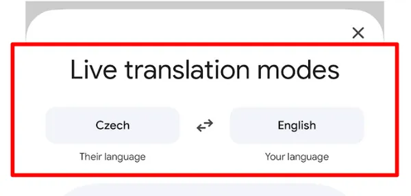 Top of the modes screen with the language settings highlighted: Czech as Their language, English as Your language.